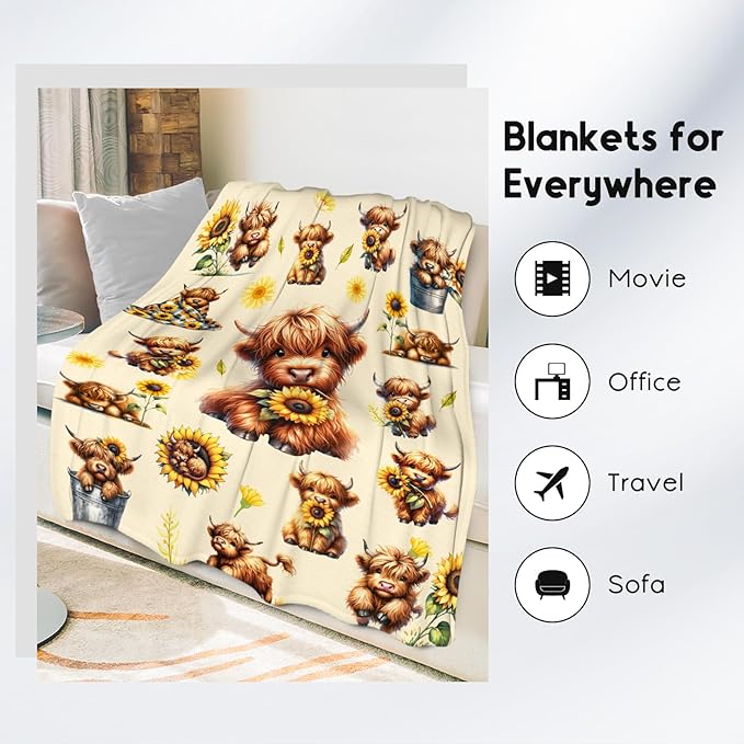 Kids Throw Blankets, Highland Cow Blanket Gifts for Girls Women Adults, Cow Gifts with Sunflower, Warm Flannel Throw for Couch Bed Living Room, 50"x60"