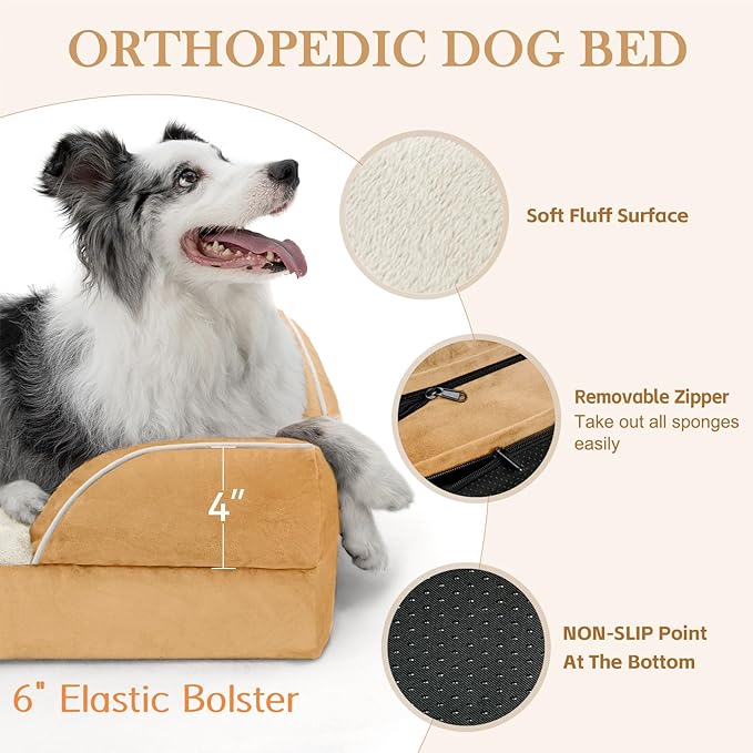 Comfort Expression Orthopedic Dog Bed for Medium Dogs 30x20 Inch, Waterproof Supportive Egg Crate Foam Medium Pet Bed with Removable Bolsters, Dog Couch with Washable Cover & Non-Slip Bottom, Caramel