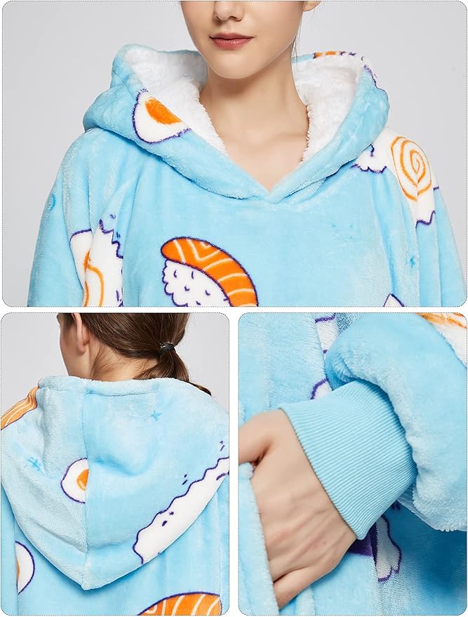 KFUBUO Wearable Blanket Hoodie for Adults Sherpa All Patterns Sushi Oversized Sweatshirt Blanket with Pockets Cute Birthday Gifts for Women