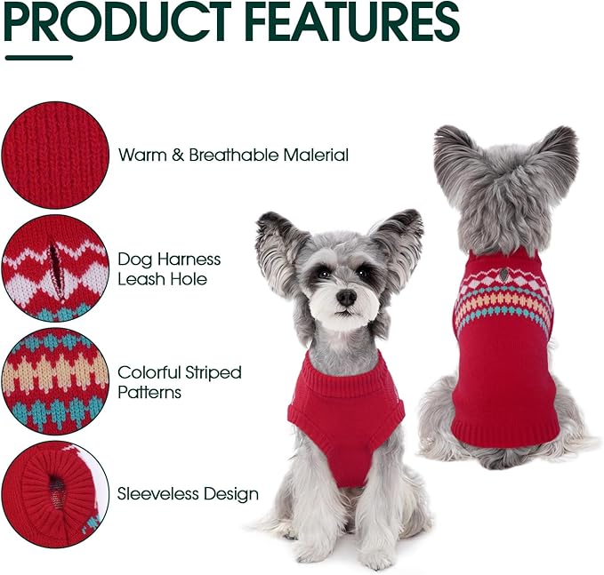 Kuoser Dog Sweater, Small Dog Sweater, Dogs Sweaters for Small Dogs Girl Boy, Thermal Puppy Christmas Sweaters Knitwear, Cold Weather Pet Winter Pullover Sweatshirt Apparel with Leash Hole, Red XS