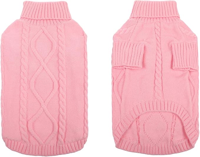 Queenmore Small Dog Pullover Sweater, Cold Weather Cable Knitwear, Classic Turtleneck Thick Warm Clothes for Chihuahua, Bulldog, Dachshund, Pug, Yorkie (Pink, Small)