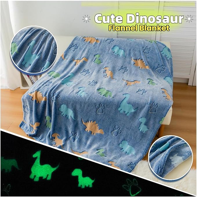 Halloween Dinosaur Glow in The Dark Blanket with Storage Bag, Soft Throw Blanket for Boys Girls, Christmas Birthday New Year Gift, Kids, Day Care Home Use, 50"x60" Blue