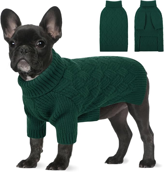 SUNFURA Small Dog Sweater, Turtleneck Dog Sweater for Cold Weather, Puppy Knitwear Pullover for Christmas Thanksgiving, Pet Winter Knitted Sweatshirt for Pug Dachshund, Green S