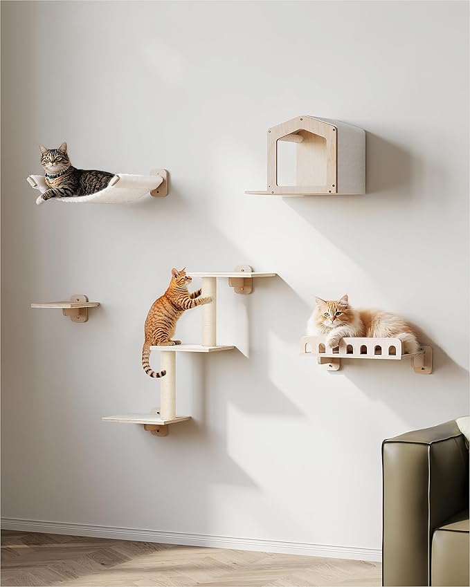 Cat Wall Shelves, 5-in-1 Cat Wall Furniture with Large Hammock and Perch, Space-Saving Shelves Set for Indoor Cats