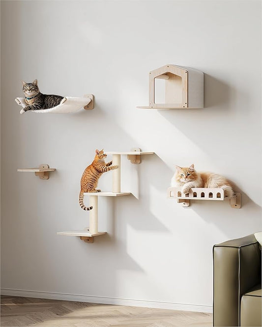 Cat Wall Shelves, 5-in-1 Cat Wall Furniture with Large Hammock and Perch, Space-Saving Shelves Set for Indoor Cats