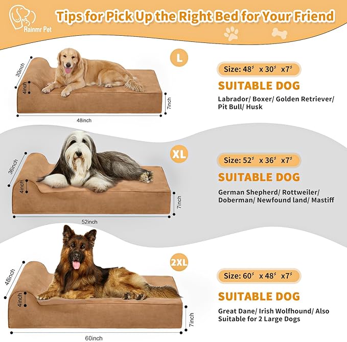 Orthopedic Dog Beds for Large Dogs, 7" Memory Foam Dog Beds with Waterproof Liner, Chew Proof Microsuede Cover, Removable and Washable, Nonskid Bottom, 60"x48"x7" XXL Khaki
