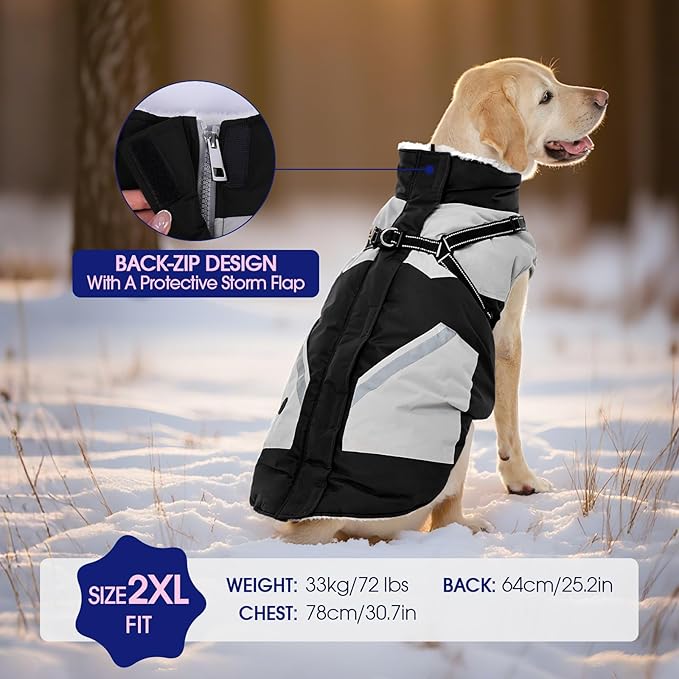 FUAMEY Dog Winter Jackets for Large Dogs,Dog Coat with Harness Built in,Waterproof Dogs Snowsuits Warm Pet Jacket Zip Up Fleece Cold Weather Coats Reflective Puppy Vest with Pocket Black XL