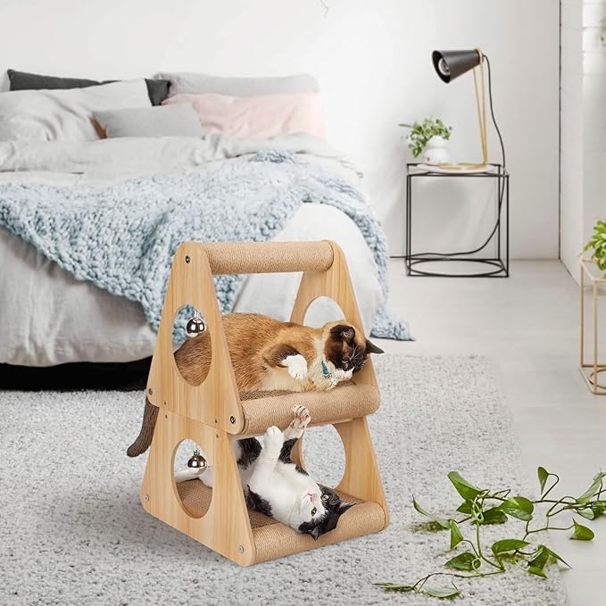 Ownpets Cat Scratcher Cat House, Double-Layer Triangular Shape Cat Scratching Board, 2 in 1 Cat Scratching Post with Ball Toys for Indoor