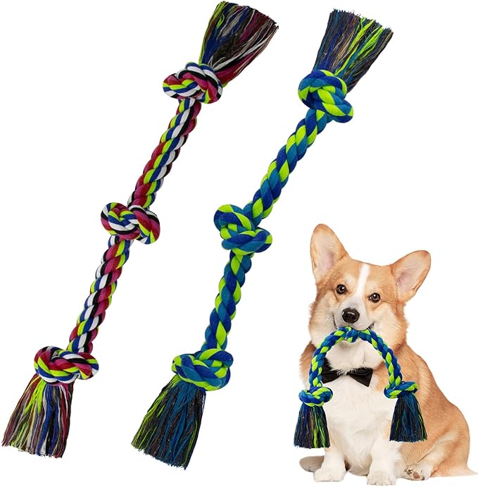 [2 Pack] Dog Rope Toys, Dog Chew Toy for Medium and Small Dogs, 3 Knots Heavy Duty Puppy Rope Toy, 100% Cotton Tug of War Dog Toys for Boredom, Teeth Cleaning