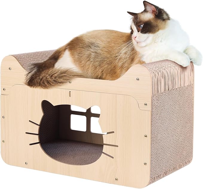 Cat Scratcher House,20x10.6x13.4 Cardboard Cat House,Large Scratch House for Indoor Cats,Scratchable in and Out,Suitable for 2 Cats Household,Anti-Scratch and Protect Couch,Easy to Assemble,Sturdy