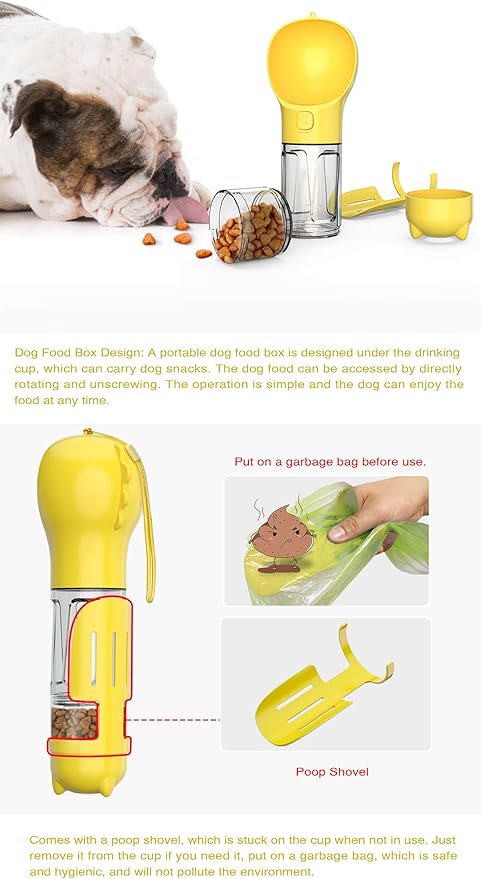 Portable 3 in 1 Dog Bottle,Storage for Pet Water,Food and Poop Waste Bags.Leakproof,with Lanyard and Trash Shovel,Dog Travel and Pet Outdoor Activity Necessities,Yellow(10.15OZ)
