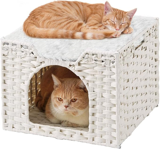 Cat Beds Indoor Kitten House, Handwoven Rattan Cat Cave Pet Cube, Large Cat Houses, One Bed Mat, Foldable, Hideaway, 16.5x16.5x13.2 Inches, 2 S-Shaped Hooks in Living Room Bedroom White