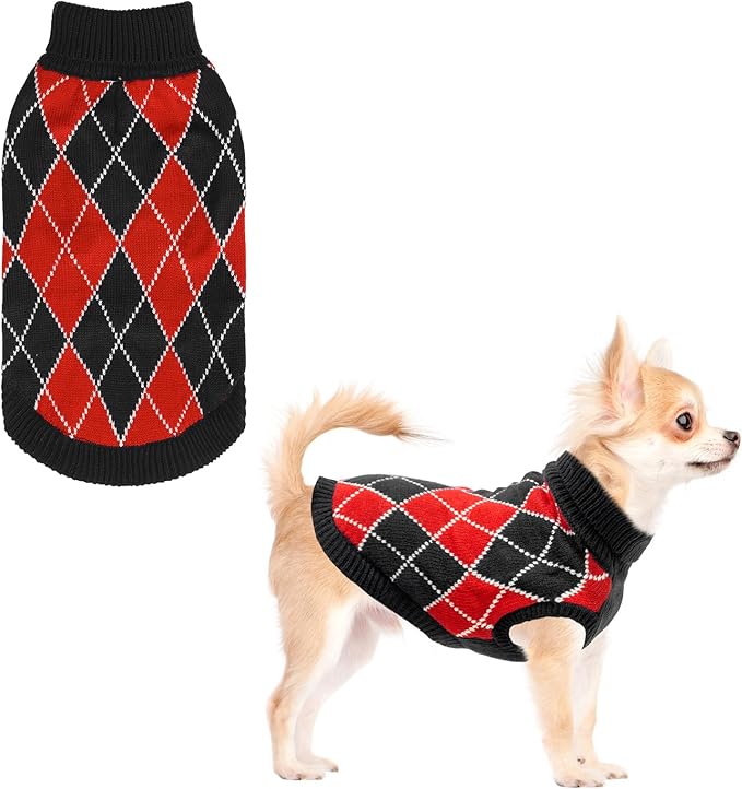 KOOLTAIL Small Dog Sweater, Knit Turtleneck Cold Weather Dog Sweaters for Medium Large Dogs, Soft Diamond Plaid Pullover Knitwear Pet Winter Warm Clothes, Pet Coat Puppy Sweater for Girls Boys