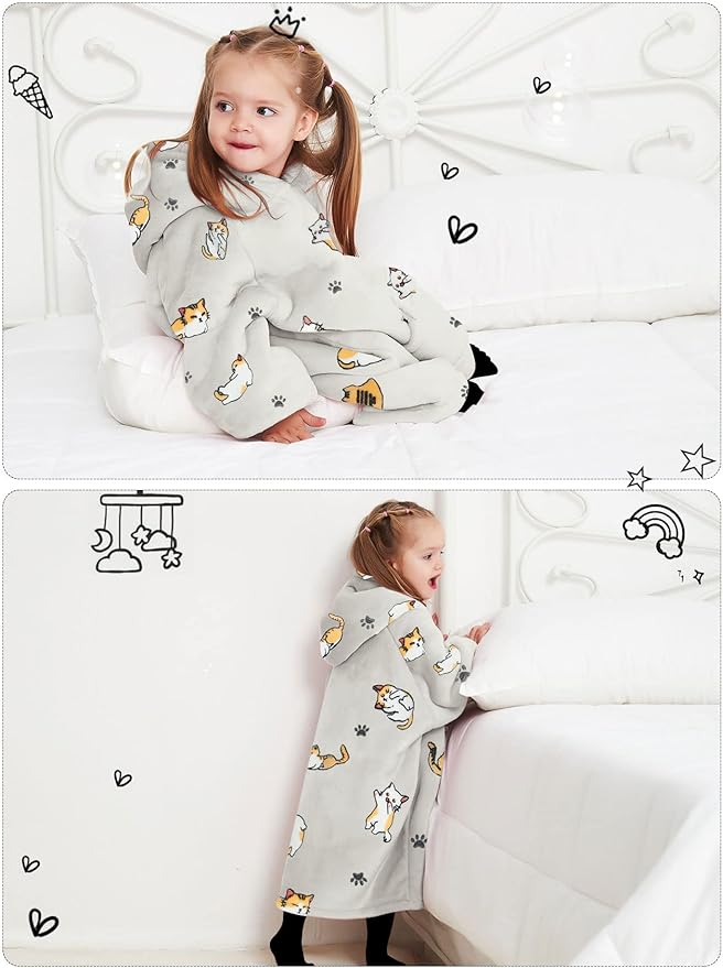 KFUBUO Wearable Blanket Hoodie for Kids Toddlers Sherpa Blanket Sweatshirt With Pocket Cute Hoodies 2-6 Year Old Girl Birthday Gifts Cat