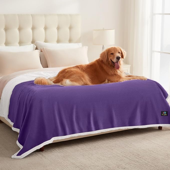 Luciphia Waterproof Bed Blanket Washable,Soft Sherpa Fleece Puppy Reversible Throw Blankets for Medium Large Dog Cat,Furniture Cover Protector Couch from Liquid Pee and Pet Fur,Purple White,85" x 57"