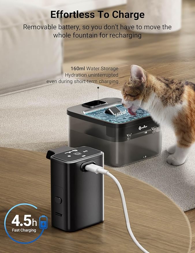 DownyPaws Cat Water Fountain Cordless, 84oz/2.5L Fursink Wireless Pet Water Fountains for Cats Indoor, Battery Operated Cat Drinking Fountain with Motion Sensor, Ultra Quiet Pump, BPA-Free, Black