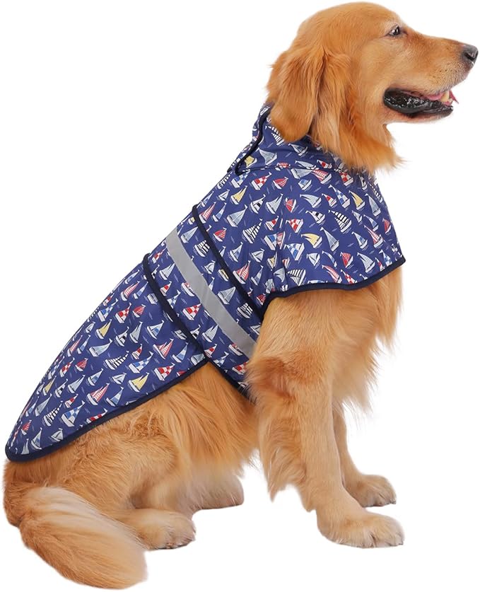 HDE Dog Raincoat Jacket Reflective Adjustable Hooded Pet Poncho Rain Coat with Leash Hole for Small to X-Large Dogs Nautical Boats - L