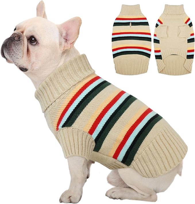 Kuoser Dog Sweater, Dog Sweaters for Medium Dogs, Doggie Sweater Christmas Clothes, Winter Coat Apparel Cable Knitwear, Pet Sweatshirt Outfit for Frech Bulldog, Boston Terrier, Apricot L
