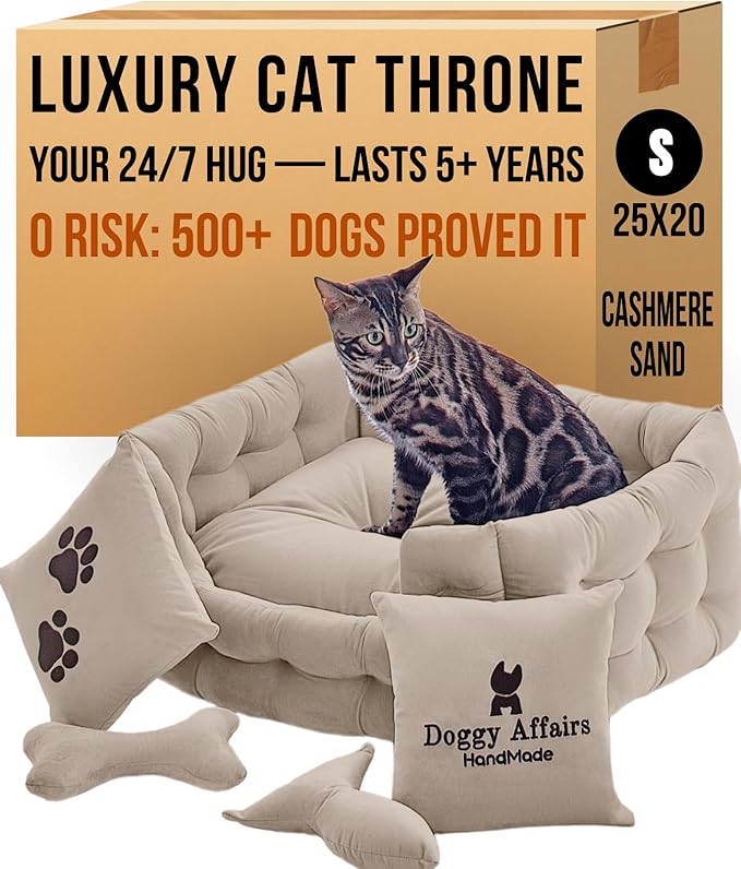 Luxury Cat and Dog Bed Chesterfield – Handcrafted Velvet Throne for Dogs | Joint Support, Calming & Temp-Regulating Comfort | Durable 5+ Years, Anti-Claw, Washable 100+ Times – S, Ivory