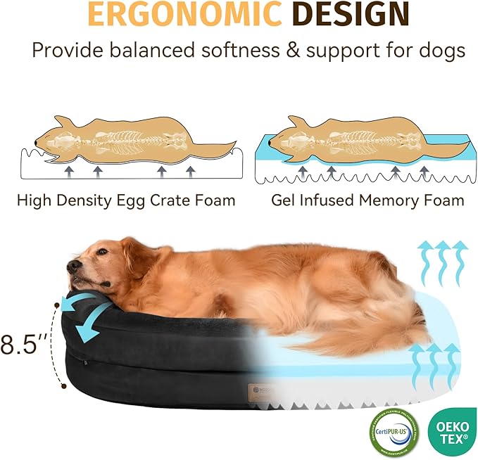 Orthopedic Washable Large Dog Bed: Cooling Memory Foam Dog Bed with Bolsters - Jumbo Bed Waterproof Removable Cover Non-Slip Bottom Pet Bed for Extra Large Sized - Black