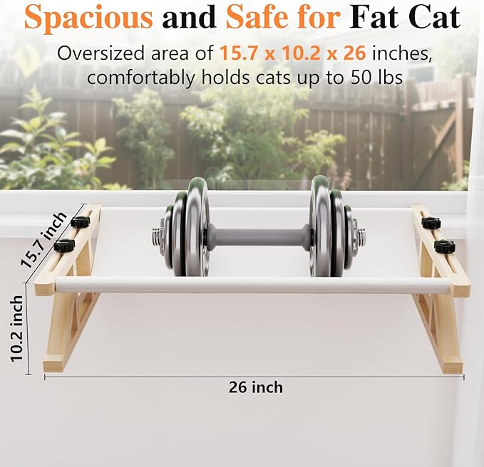 Tresbro 2-IN-1 Cat Window Perch & Elevated Cat Hammock, 26''L × 15.7''W × 10.2"H Wooden Frame Pet Bed for Large Indoor Cats, Easy Setup, Adjustable, No Drilling, Cats Seat for Window, Bedside, Ground