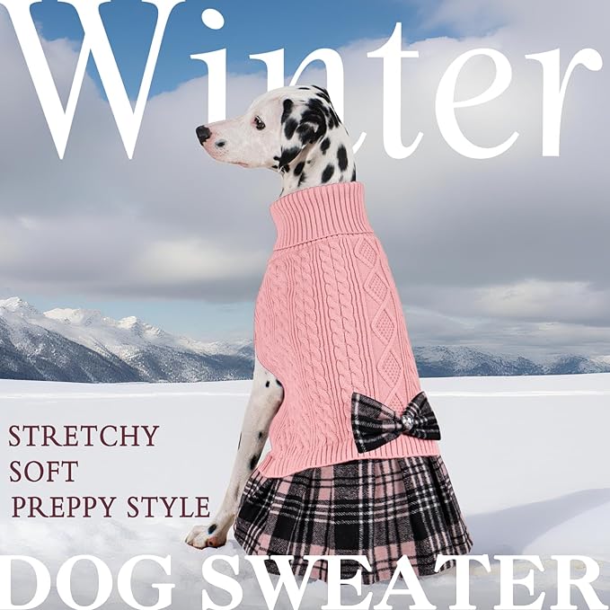 KYEESE Dog Sweater Pullover Dog Sweaters for Large Dogs Soft Turtleneck Pet Sweater Dress with Bowtie Thick Dogs Clothes Warm Comfy Pet Coats, Pink, XXX-Large