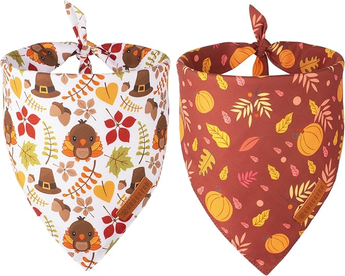 ADOGGYGO Thanksgiving Dog Bandana, Pumpkin Turkey Pet Scarf, Multi Size Offered, Fall Autumn Leaves Thanksgiving Bandanas for Medium Large Dogs Pets (Large)