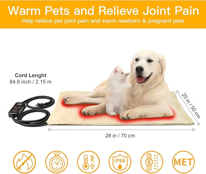 Toozey Pet Heating Pad, 6 Adjustable Temperature Dog Cat Heating Pad with Timer, Waterproof Heated Dog Bed with Chew Resistant Cord, Indoor Electric Pet Heated Mat 28x20in