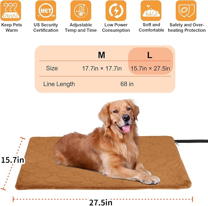 Pet Heating Pad for Cats & Dogs Indoor Outdoor, Warming Cat Heating Pad with Chew Resistant Cord, Adjustable Temperature and Time, Heated Pet Bed Mat Waterproof for Cats Dogs (Coffee, 15.7'' × 27.6'')
