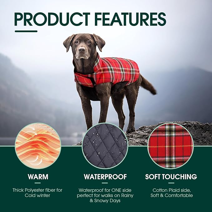 Kuoser Warm Dog Coat, Waterproof Dog Jacket for Extra Large Dogs, Adjustable Durable XL Doggie Winter Coat Reversible Cozy Puppy Cold Weather Apparel from Small to Large Breed, Bright Red XL