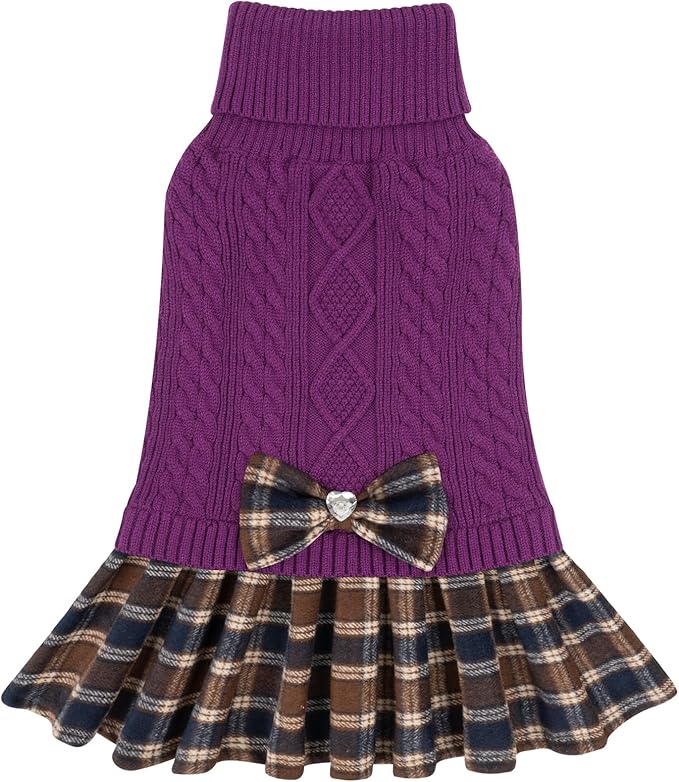 KYEESE Dog Sweater Soft Dog Sweaters for Small Dogs Girl Warm Turtleneck Dogs Clothes Comfy Knitwear Puppy Sweater Dress Thick Pet Coats with Bowtie Stretchy Pullover Cat Sweaters, Purple, X-Small