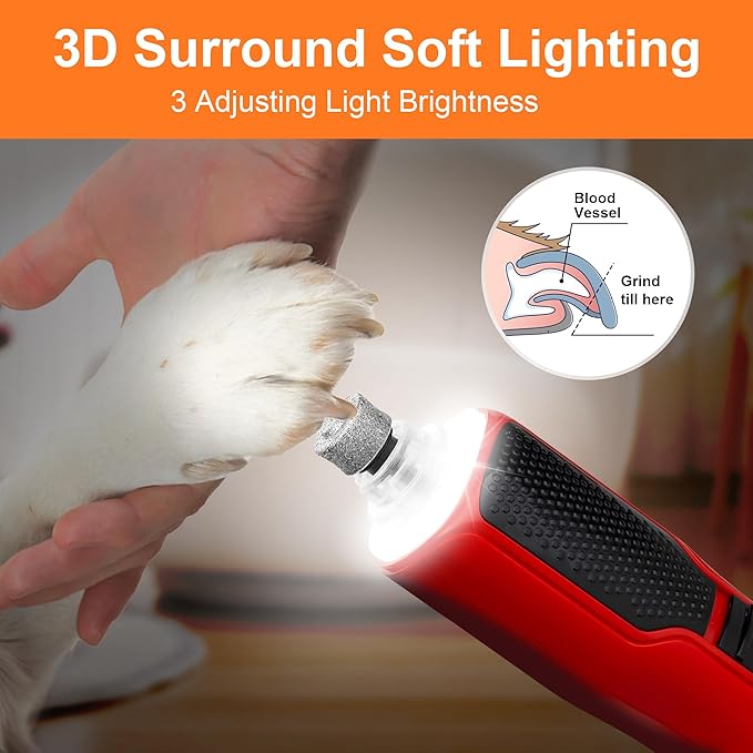 Dog Nail Grinder 7-Speed & 360° LED Light, Professional Pet Nail Grinder for Dogs and Cats, Electric Dog Nail Trimmer Painless Paws Grooming & Smoothing Tool for Large Small Dogs Cats Pets