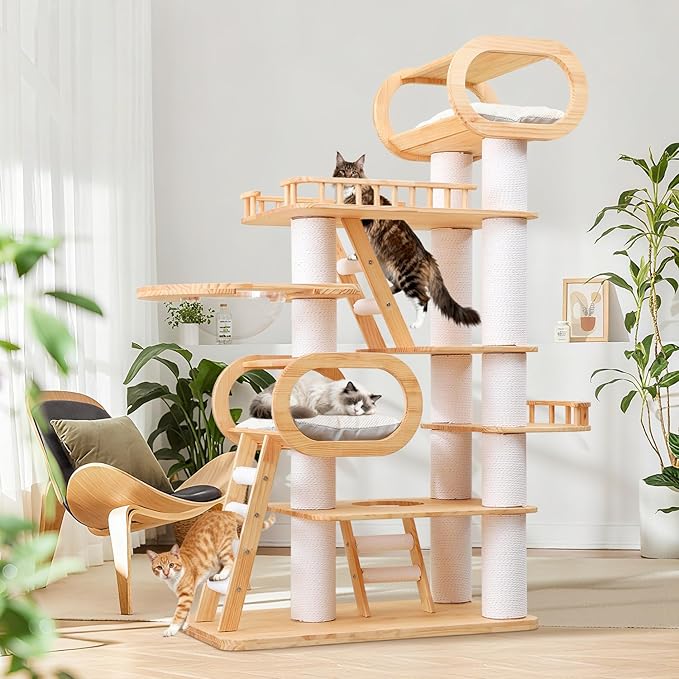 Wood Cat Tree,77'' Modern Cat Trees for Indoor Cats Large Adult,Mult-Level Large Cat Tower with Sisal Scratching Posts,Top Bed,Clear Hammock,Toy,Heavy Duty Sturdy Cat Condo for Cats
