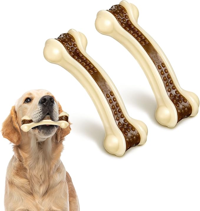 Sosation Bones Shaped Dog Toys for Aggressive Chewers, 2 Pack Dog Chew Toys Puppy Teething Nylon Beef Flavor for Large/Medium/Small Puppies Breeds(Curved Bone,Medium)
