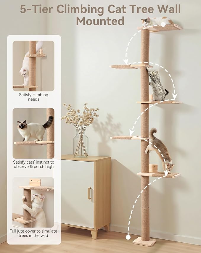 PawGiant Tall Cat Tree for Wall 83.9inch, Wood Cat Wall Shelves for Kittens, Wall-Mounted Cat Tower with Scratching Post for Play, Climb & Scratching, 5 Tier Platforms