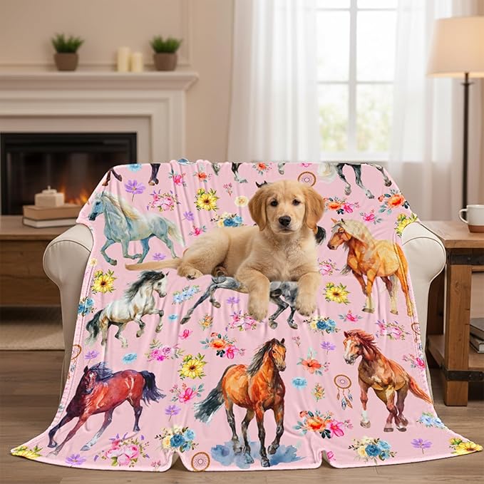 Horse Blanket for Girls Women, Soft Flannel Fleece Throw Gifts, Lightweight Cozy Pink Horse Decor Blanket 50"x60"