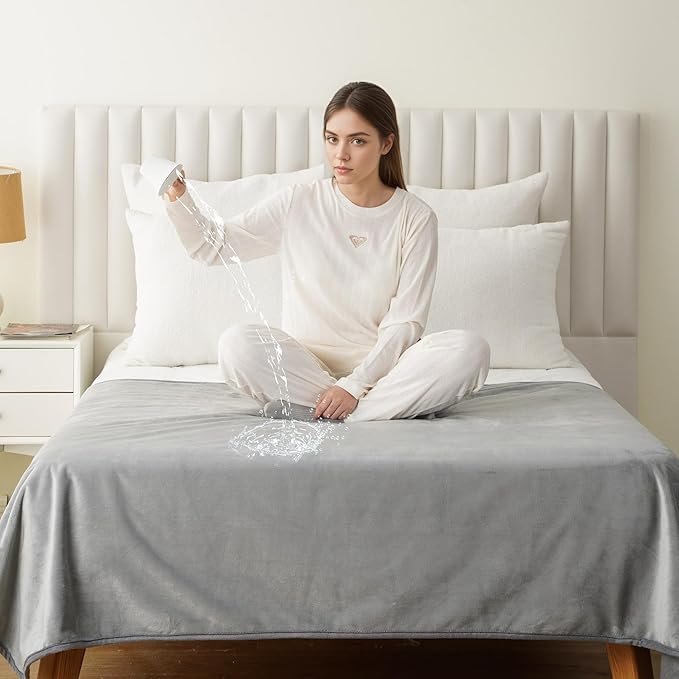 Water Proof Blanket 50x60 Inches - Reversible Flannel Blanket for Bed, Sofa,Couch- Spillproof, Leakproof Soft Double-Sided Light Grey Throw Blanket for Adults, Pets, Couples