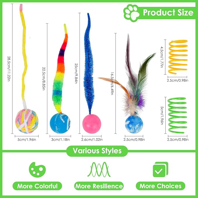 SHENGSEN Feather Wand Cat Toy,Bouncy Ball with Tail Cat Toys,Magic Worm with Large Colorful Ball Toy for Cats,Cat Feather Toys for Indoor Cats,Colorful Fuzzy Worm Bouncy Balls Cat Toy (ADM102-A-5B)