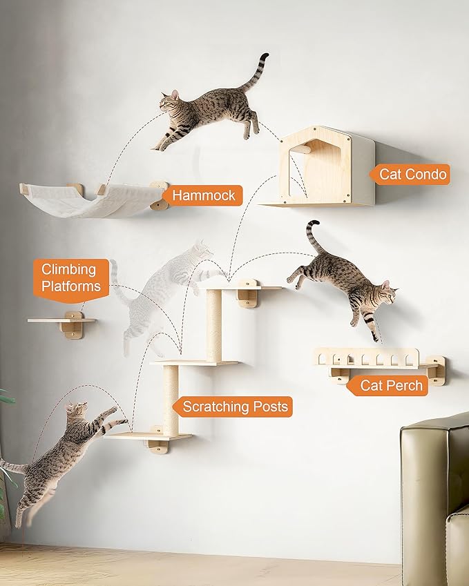 Cat Wall Shelves, 5-in-1 Cat Wall Furniture with Large Hammock and Perch, Space-Saving Shelves Set for Indoor Cats