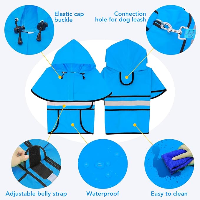 Waterproof Dog Raincoats - Hooded Raincoats for Dogs, Adjustable Reflective Dog Rain Coat, Windproof Dog Rain Jacket Pet Rain Slicker Poncho for Small, Medium, Large Dogs (Small, Blue)
