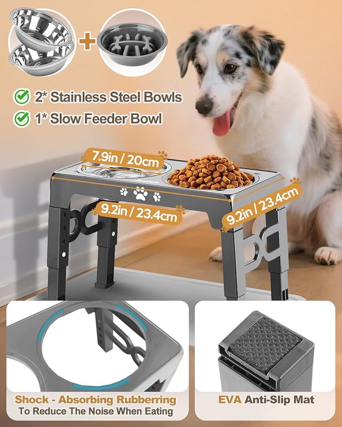 Elevated Dog Bowls, Dog Feeder with 2 Stainless Steel Dishes &1 Slow Feeder Bowl, 5 Heights Adjustable Raised Stand for Medium Large, Food Dishes with Non-Slip Feet