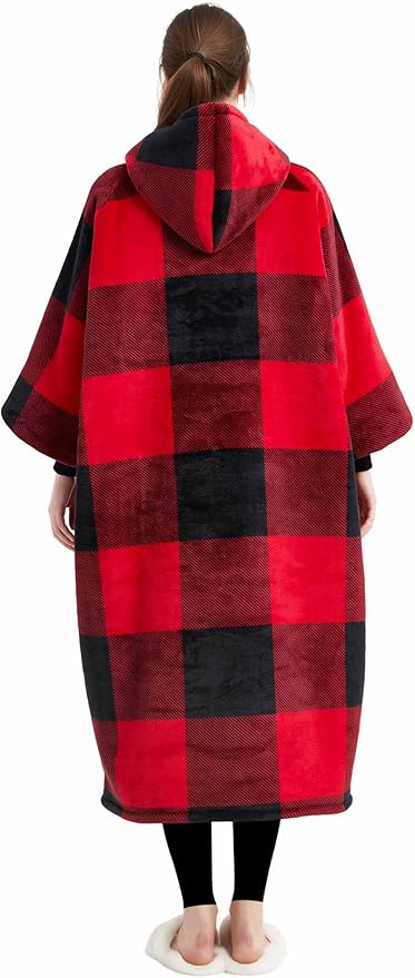 KFUBUO Wearable Blanket Hoodie for Adult Long Sherpa All Patterns Red Plaid Oversized Hoodie Sweatshirt Blanket Christmas Gift Ideas