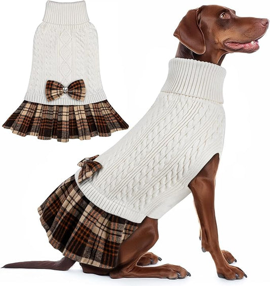 KYEESE Dog Sweater Pullover Dog Sweaters for Large Dogs Soft Turtleneck Pet Sweater Dress with Bowtie Warm Comfy Pet Coats Thick Dogs Clothes, White, XXX-Large