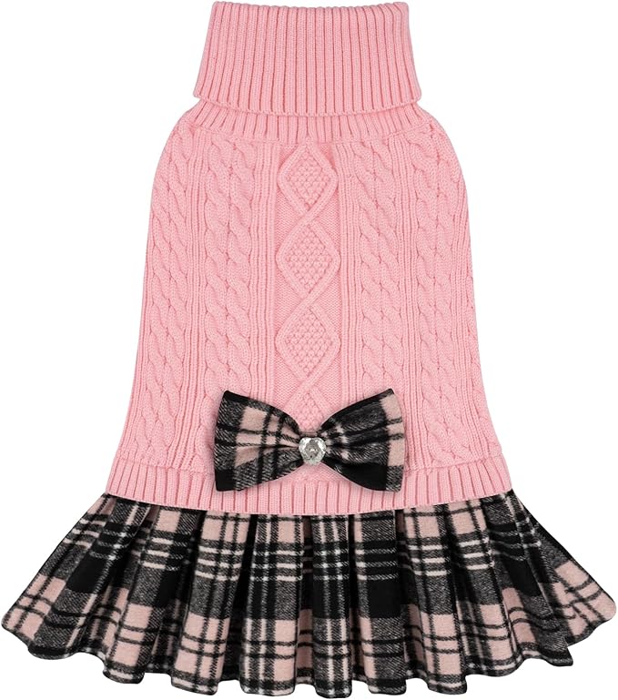 KYEESE Dog Sweater Warm Turtleneck Dogs Clothes Soft Dog Sweaters for Small Dogs Girl Comfy Knitwear Puppy Sweater Dress Thick Pet Coats with Bowtie Stretchy Pullover Cat Sweaters, Pink, X-Small