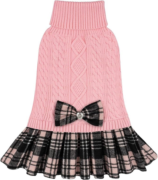 KYEESE Dog Sweater Thick Dogs Clothes with Bowtie Comfy Knitwear Dog Sweaters for Small Dogs Girl Stretchy Cat Sweaters Soft Turtleneck Pet Sweater Dress Warm Pullover Pet Coats, Pink, Small
