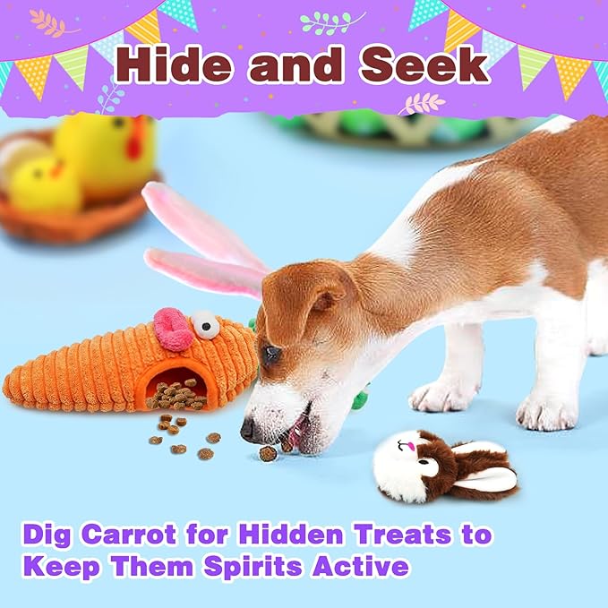 Easter Dog Toys, Hide and Seek Dog Toys, Squeaky Puzzle Dog Toy for Small and Medium Dogs, Interactive Cute Bunny and Carrot Easter Gift with Rope for Teething