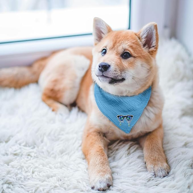 Solid Color Letter Embroidered Dog Scarf - Adjustable Cotton Bandana for Medium Dogs,Blue,Medium