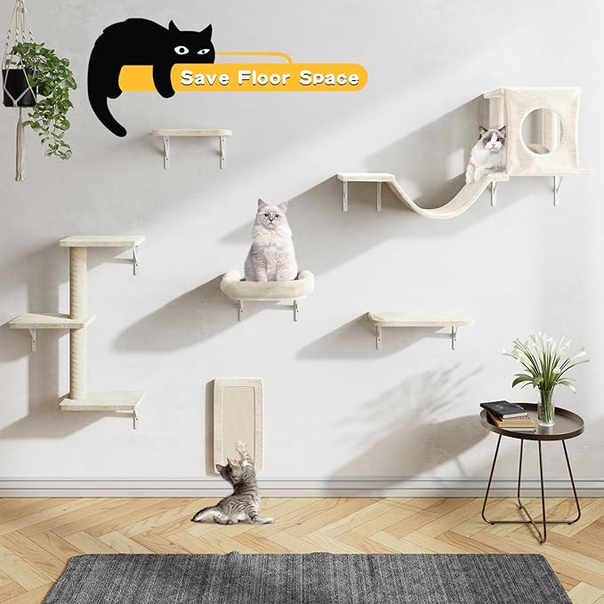 NUNU LAB Wall Mounted Cat Climber Set, 6 Pcs Cat Furniture Set with House, Bridge, Steps, Scratcher Board and Hammock, Shelves for Indoor, Luxury Walls Furniture(Beige)