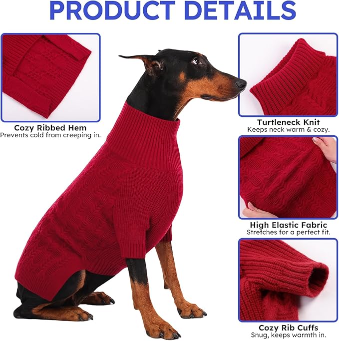 ASENKU XXXL Dog Sweaters for Large Dog Girls Boys, Pullover Turtleneck Knitted Big DoggieSweatershirt for Female Male, Doberman Great Dane Sweater for Extra-Large Breed Dogs, Red 3XL