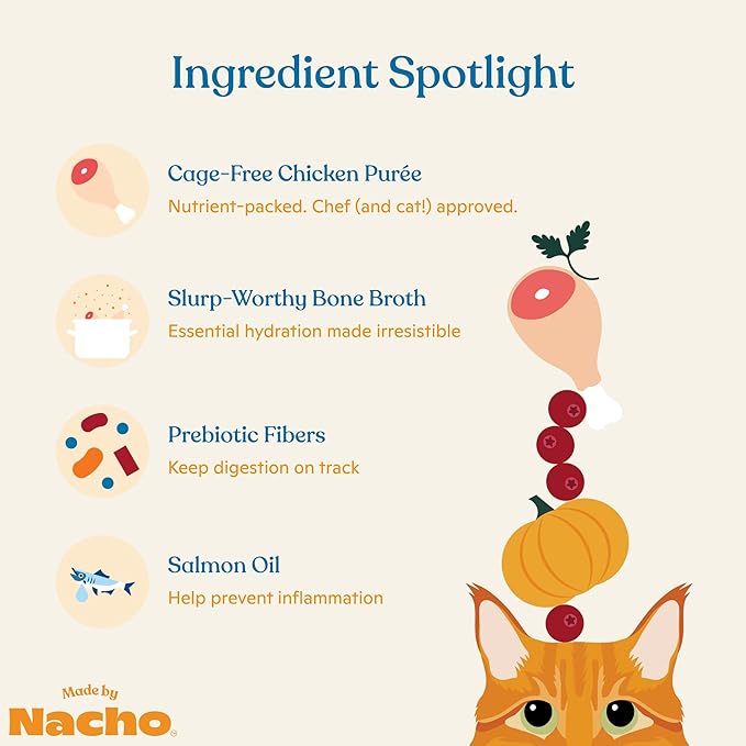 Made by Nacho Digestive Support Cage-Free Chicken Puree Meal Topper with Bone Broth, Add Digestion Support to Dry Cat Food and Kibble, Hydration and High Fiber, Limited Ingredients, 36 Count